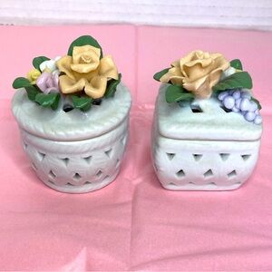 Pair of Vintage Porcelain Trinket Holders with 3D Flowers on Lids Lattice Sides